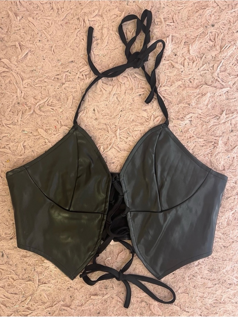 SHEIN Black Faux Leather Lace-Up Halter Bikini Top